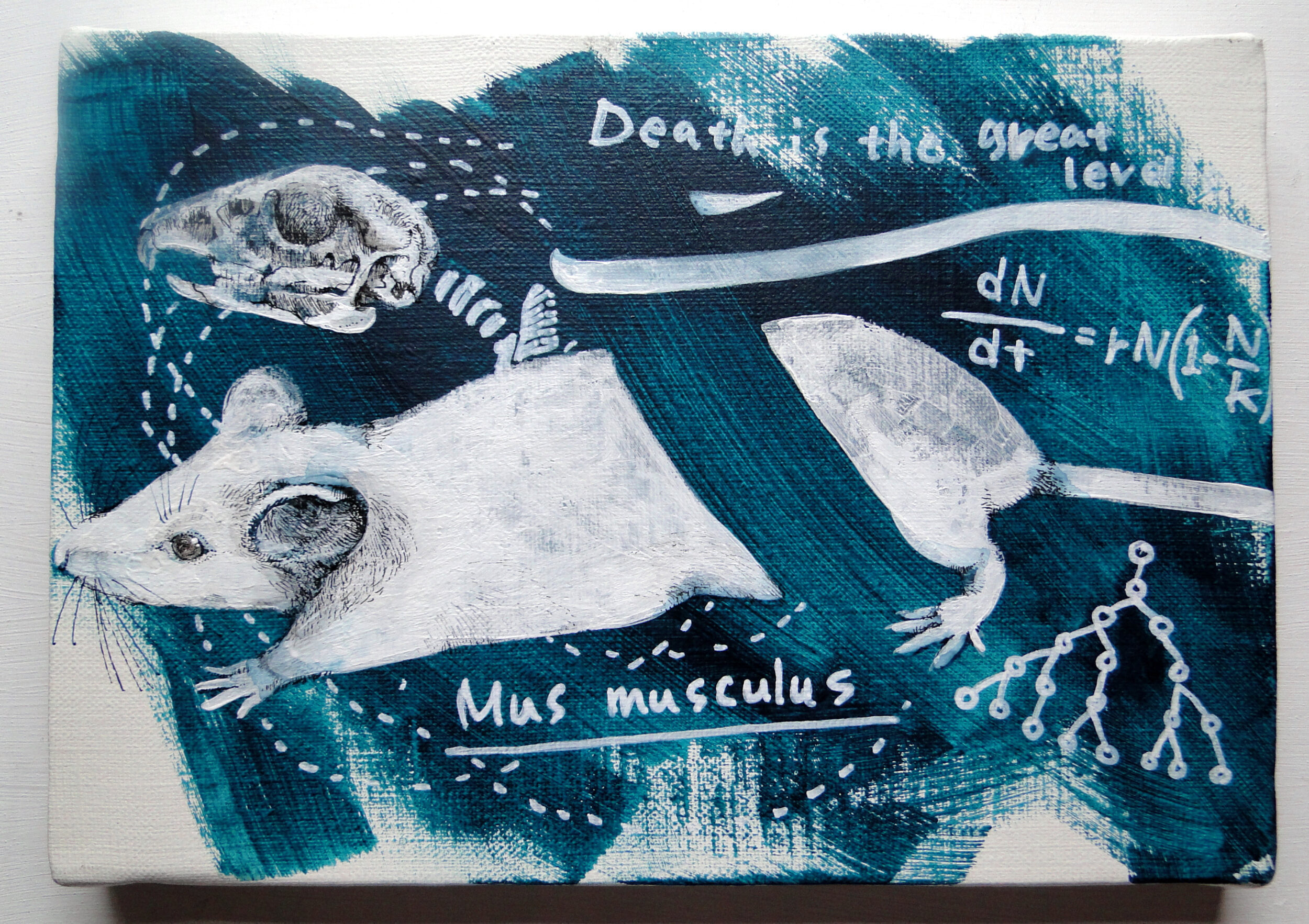 標本図風のネズミと骨の絵画 アート 原画 キャンバス画 動物の絵 理科 科学 サイエンス ペン画 アクリル画